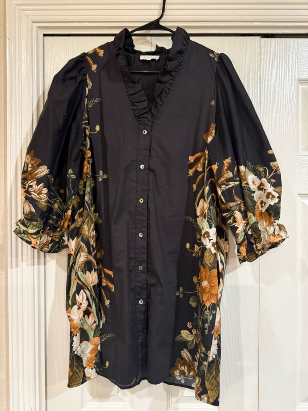 entro Black Sheer Floral Blouse with Ruffle Neck